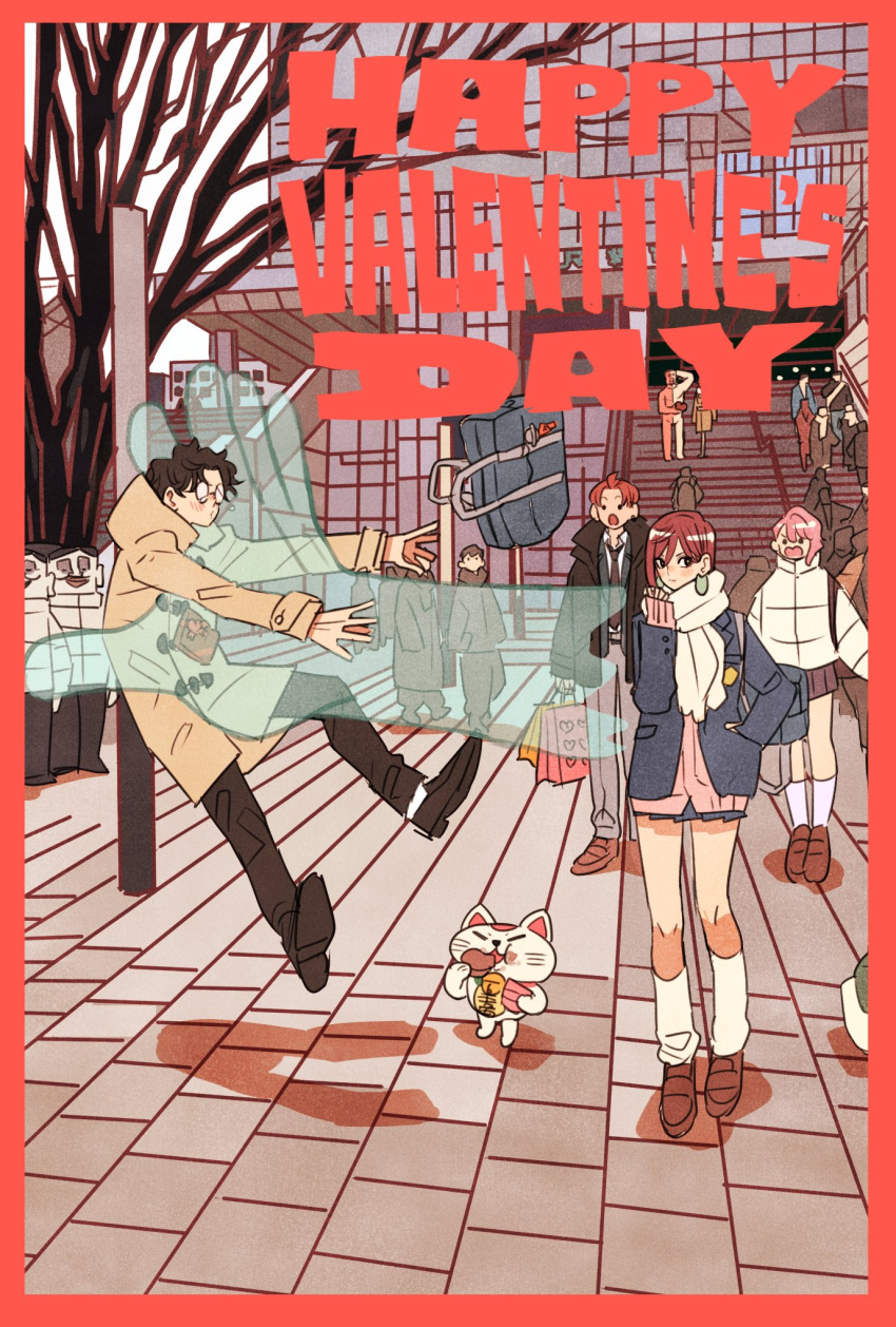 3boys, 3girls, alien, ayase_momo, bag, bare_tree, black_hair, black_pants