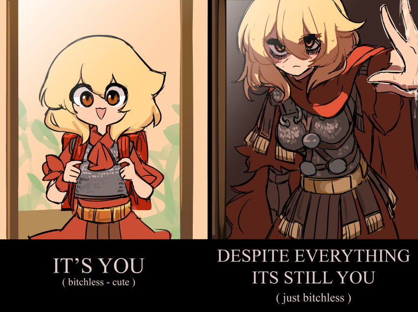 1girl, absurdres, armor, bags_under_eyes, blonde_hair, cape, centurii-chan, centurii-chan_(character), despite_everything_it's_still_you_(meme), english_text, exhausted, greco-roman_clothes, hand_on_mirror, highres, looking_at_mirror, looking_at_self, meme, mirror, original, red_cape, reflection, roman_clothes, short_hair, undertale
