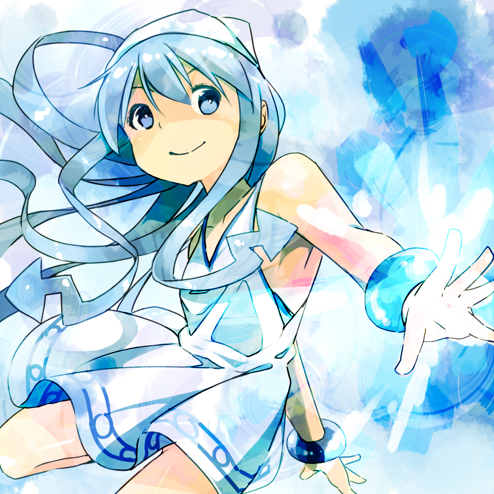 blue_eyes, blue_hair, bracelet, dress, hat, ikamusume, jewelry, long_hair