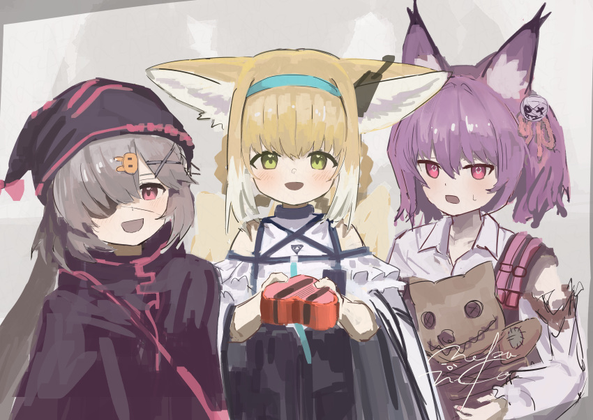 3girls, absurdres, arknights, commentary_request, fox_girl, highres, mikeneko90, multiple_girls