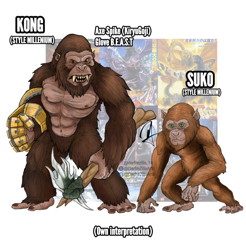 animal, ape, axe, b.e.a.s.t._glove, bone_weapon, brown_fur, darfrezillaarts, godzilla_(series)