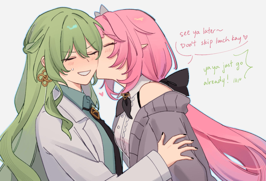 2girls, ascot, black_ascot, black_bow, black_necktie, bow, cardigan, closed_eyes, coat, collared_shirt, commentary, earrings, elysia_(honkai_impact), english_commentary, english_text, green_hair, green_shirt, grey_cardigan, hair_bow, half_up_braid, honkai_(series), honkai_impact_3rd, jewelry, kiss, kissing_cheek, lab_coat, low_ponytail, mobius_(honkai_impact), multiple_girls, necktie, pink_hair, pointy_ears, ponytail, rena_(_rrena), shirt, smile, white_coat, yuri