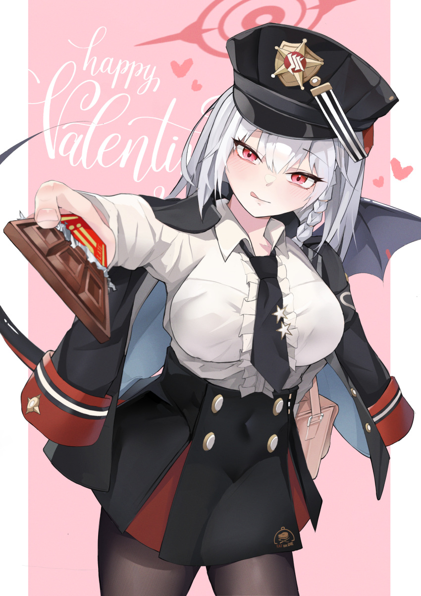 1girl, absurdres, black_necktie, black_tail, black_wings, blue_archive, braid, candy