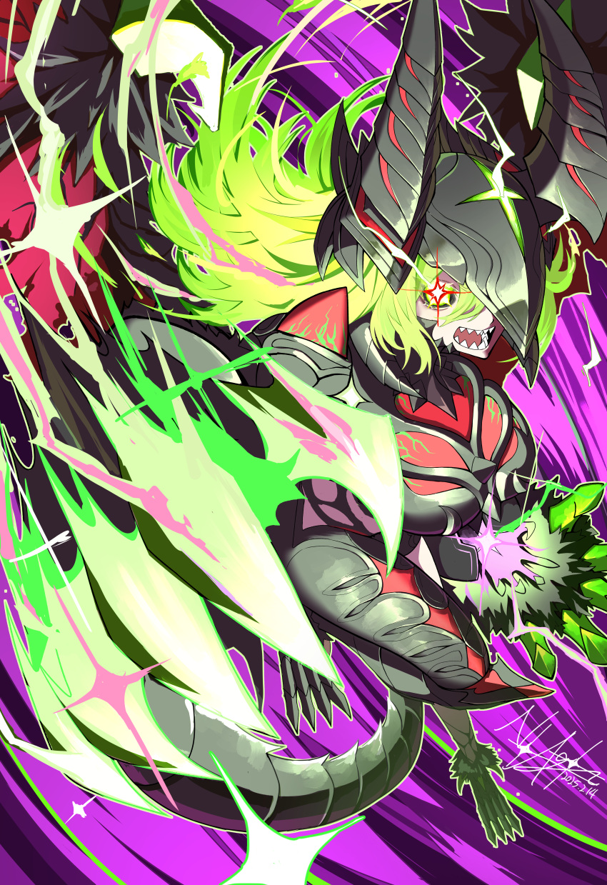 1girl, absurdres, armor, aura, black_armor, black_helmet, breasts, claws