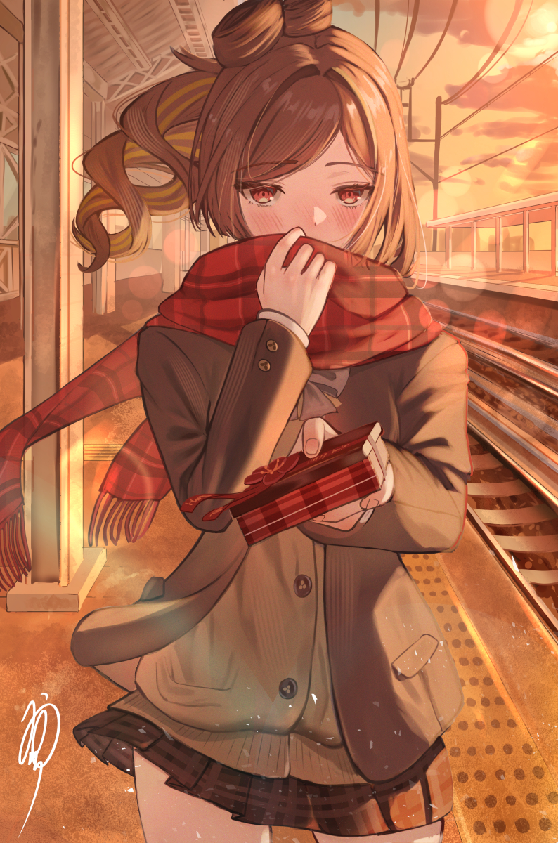 1girl, alternate_costume, black_skirt, blush, box, brown_hair, brown_jacket, cardigan