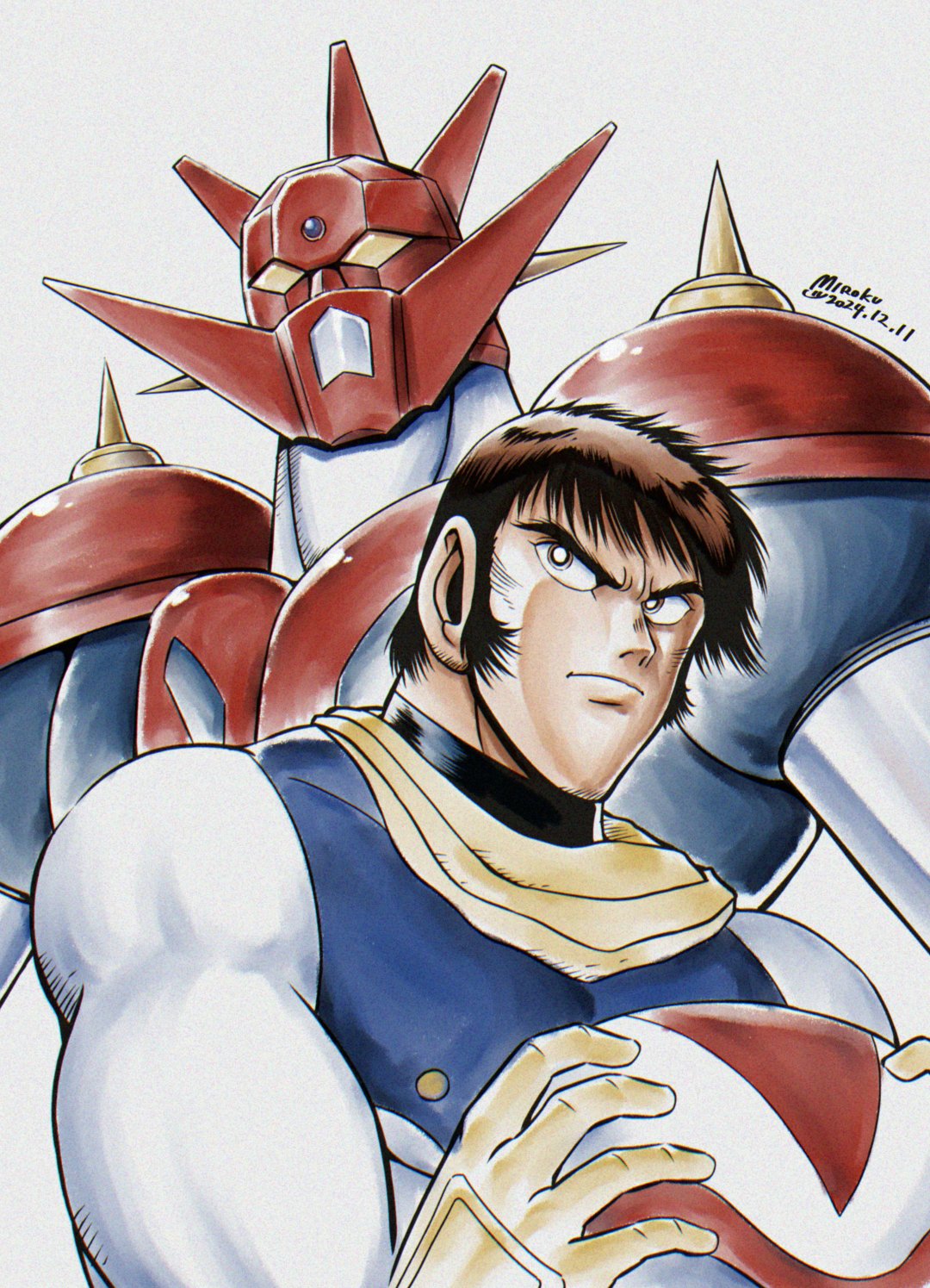 1990s_(style), 1boy, armor, blue_armor, blue_bodysuit, bodysuit, bright_pupils, brown_eyes