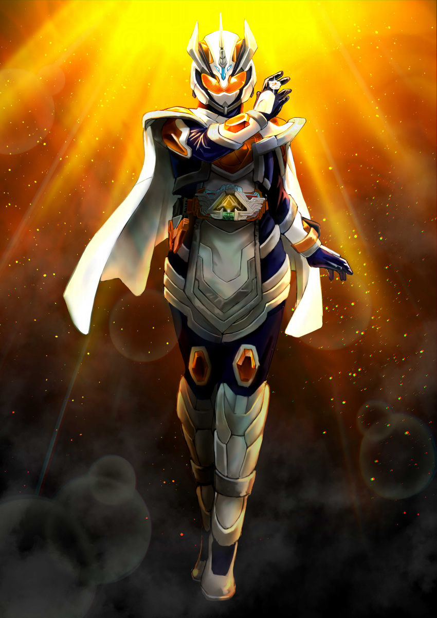1girl, absurdres, alchemisdriver, armor, atu_(fuji_atu66), black_background, capelet, full_body, glowing, helmet, highres, kamen_rider, kamen_rider_gotchard_(series), kamen_rider_majade, orange_eyes, solo, tokusatsu, white_armor, white_capelet, white_helmet
