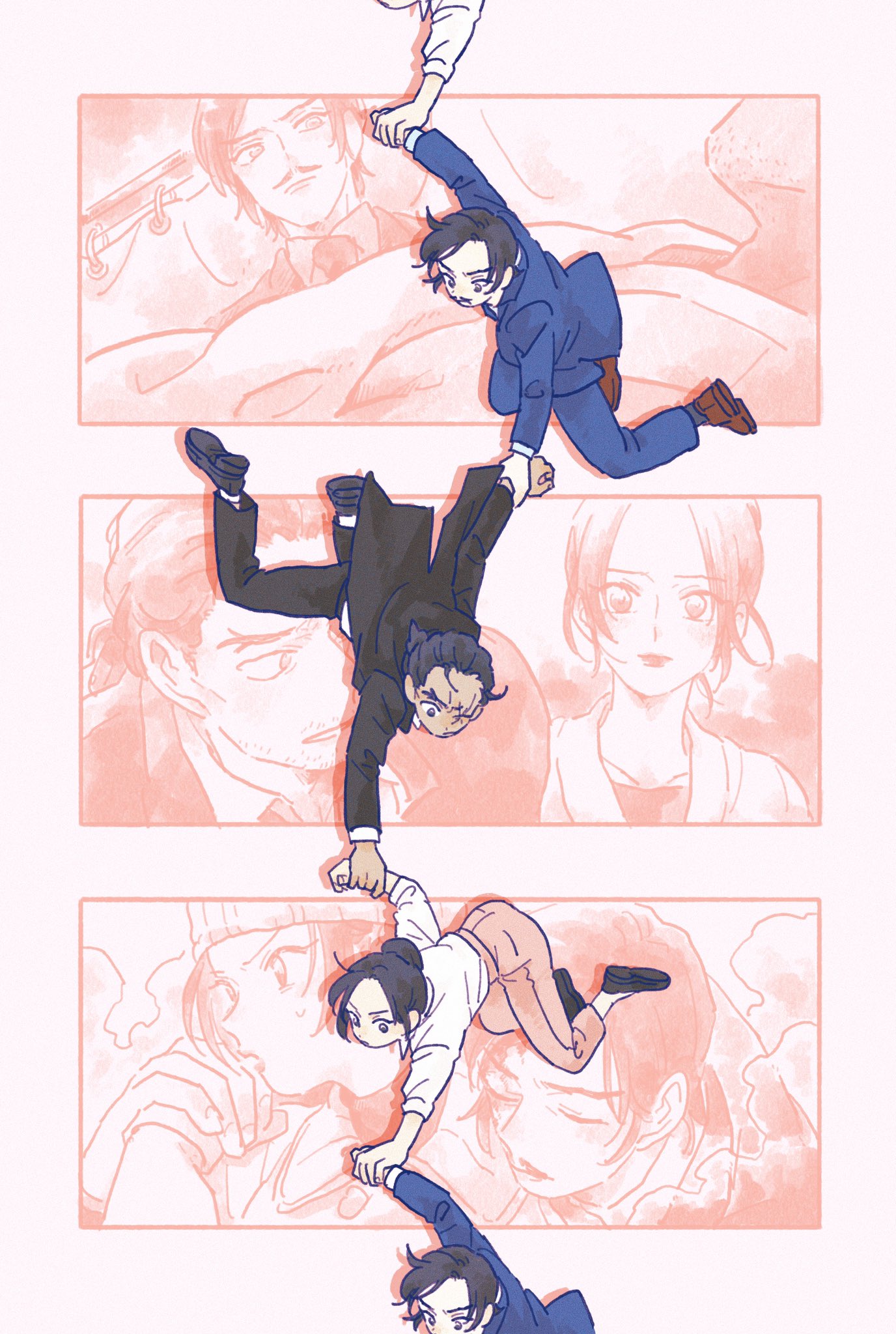 1girl, 2boys, black_hair, black_suit, blue_suit, facial_hair, falling, hair_bun