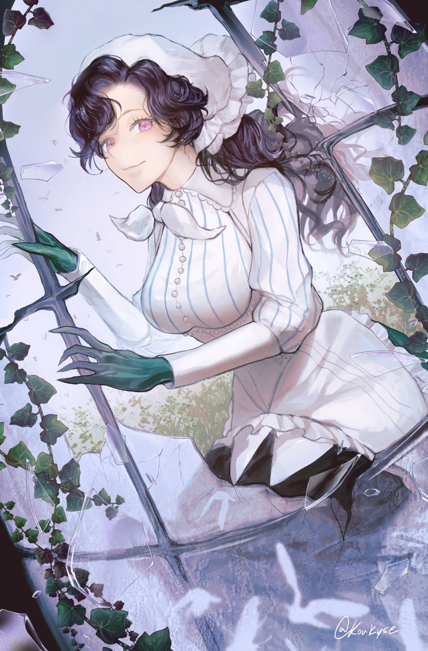 1girl, absurdres, anjo_nala, artist_name, black_hair, black_skirt, breasts, broken_glass