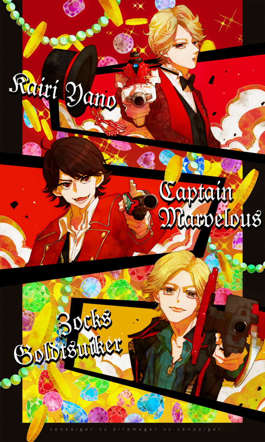 aiming, aiming_at_viewer, black_hair, black_vest, blonde_hair, captain_marvelous, character_name, eye_mask, geardalinger, gun, hat, heart, highres, holding, holding_gun, holding_weapon, in-franchise_crossover, jacket, kaitou_sentai_lupinranger_vs._keisatsu_sentai_patranger, kaizoku_sentai_gokaiger, kikai_sentai_zenkaiger, kyanonshi, mask, red_background, red_jacket, red_mask, red_theme, shirt, short_hair, super_sentai, top_hat, unworn_mask, vest, vs_changer, weapon, white_shirt, yano_kairi, zocks_goldtsuiker
