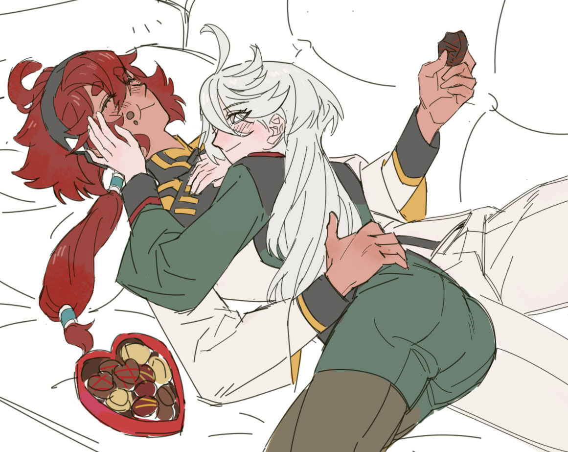 2girls, asticassia_school_uniform, black_pantyhose, box, box_of_chocolates, candy, chiliangtu, chocolate, closed_eyes, closed_mouth, commentary_request, couch, cuddling, food, food_on_face, green_jacket, green_shorts, gundam, gundam_suisei_no_majo, hand_on_another's_face, hand_on_another's_waist, heart, heart-shaped_box, heart-shaped_chocolate, heart-shaped_food, holding, holding_chocolate, holding_food, jacket, long_hair, miorine_rembran, multiple_girls, on_couch, pantyhose, pantyhose_under_shorts, ponytail, red_hair, school_uniform, shorts, suletta_mercury, white_jacket, yuri