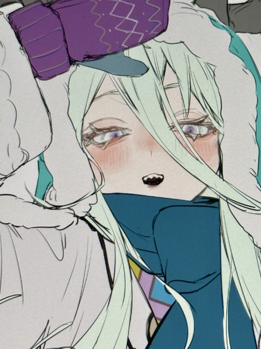 1girl, absurdres, antlers, beanie, blue_hat, blue_scarf, blush, breasts