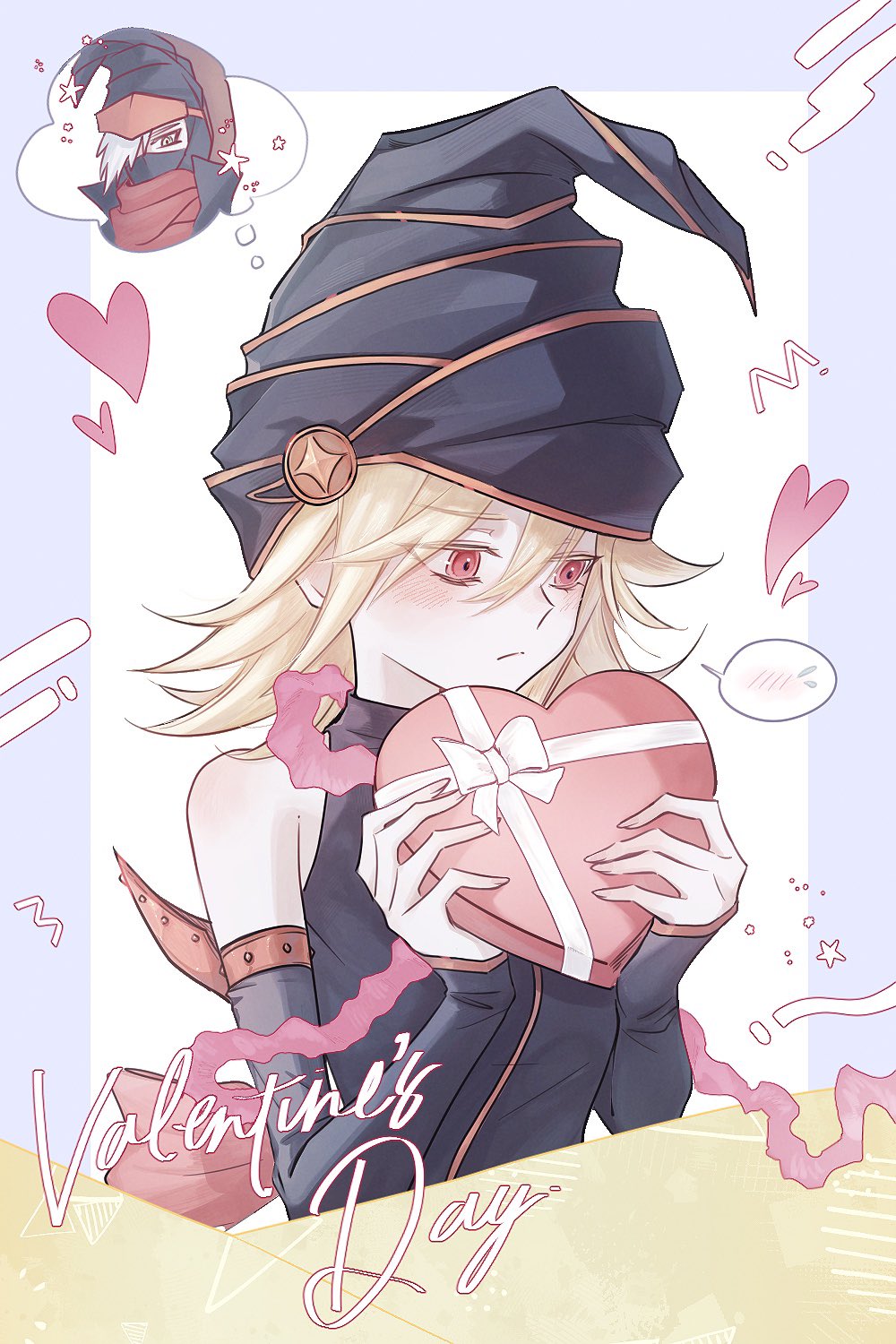 1boy, 1girl, bare_shoulders, black_dress, black_hat, blonde_hair, box, dress