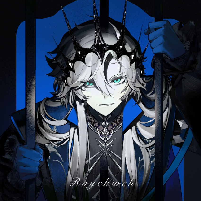 0723_yuan_shang_fuhuo_ban, 1boy, aqua_eyes, bars, black_shirt, blue_background, blue_cape, blue_gloves