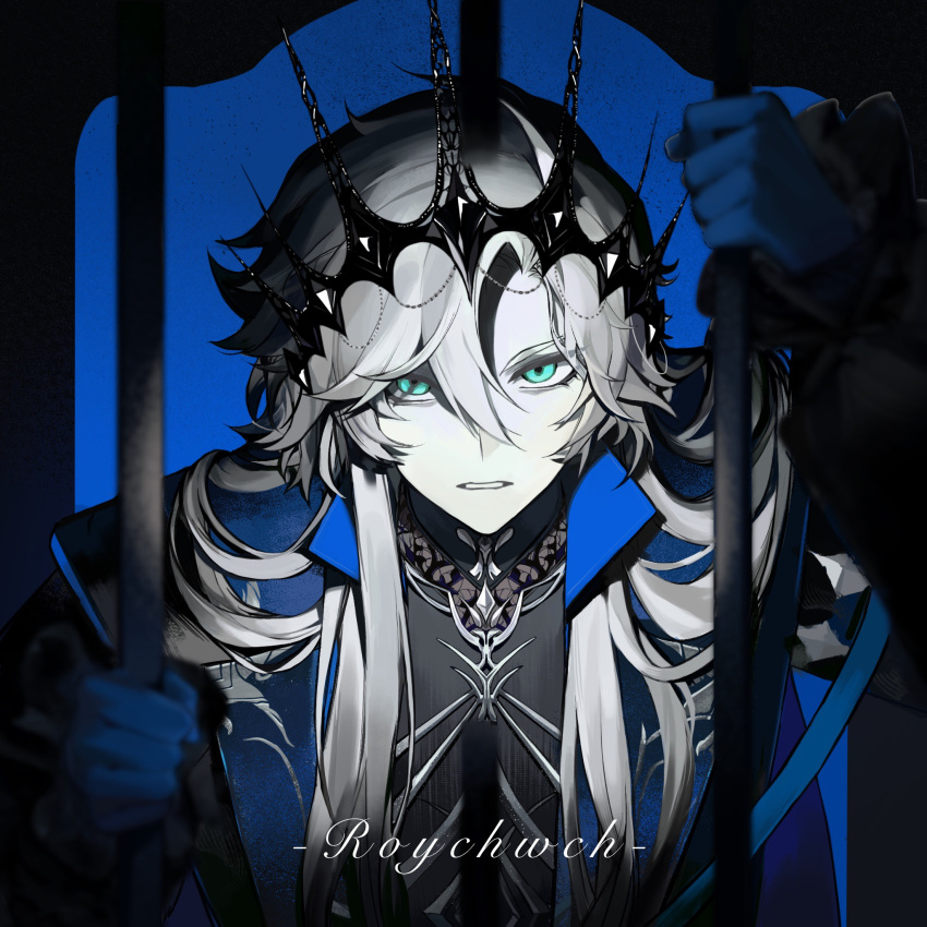 0723_yuan_shang_fuhuo_ban, 1boy, aqua_eyes, bars, black_shirt, blue_background, blue_cape, blue_gloves