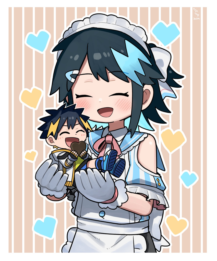 1boy, 1girl, :d, apron, bare_shoulders, black_hair, blue_hair, chocolate