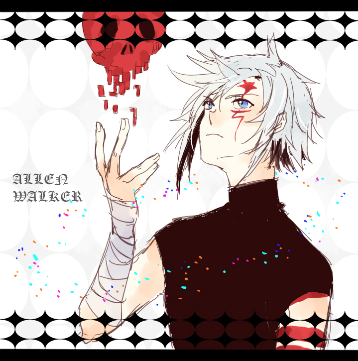 1boy, allen_walker, bandaged_arm, bandages, black_shirt, blue_eyes, body_markings, d.gray-man, disintegration, facial_mark, hand_up, kiinoer, looking_up, shirt, short_hair, sidelocks, skull, solo, star_(symbol), star_facial_mark, turtleneck, turtleneck_shirt, white_hair