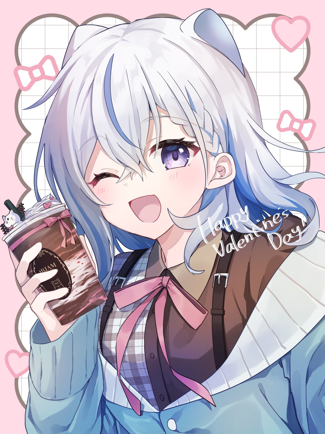 1girl, ;d, animal_ears, blue_hair, blue_jacket, blush, braid, brown_shirt