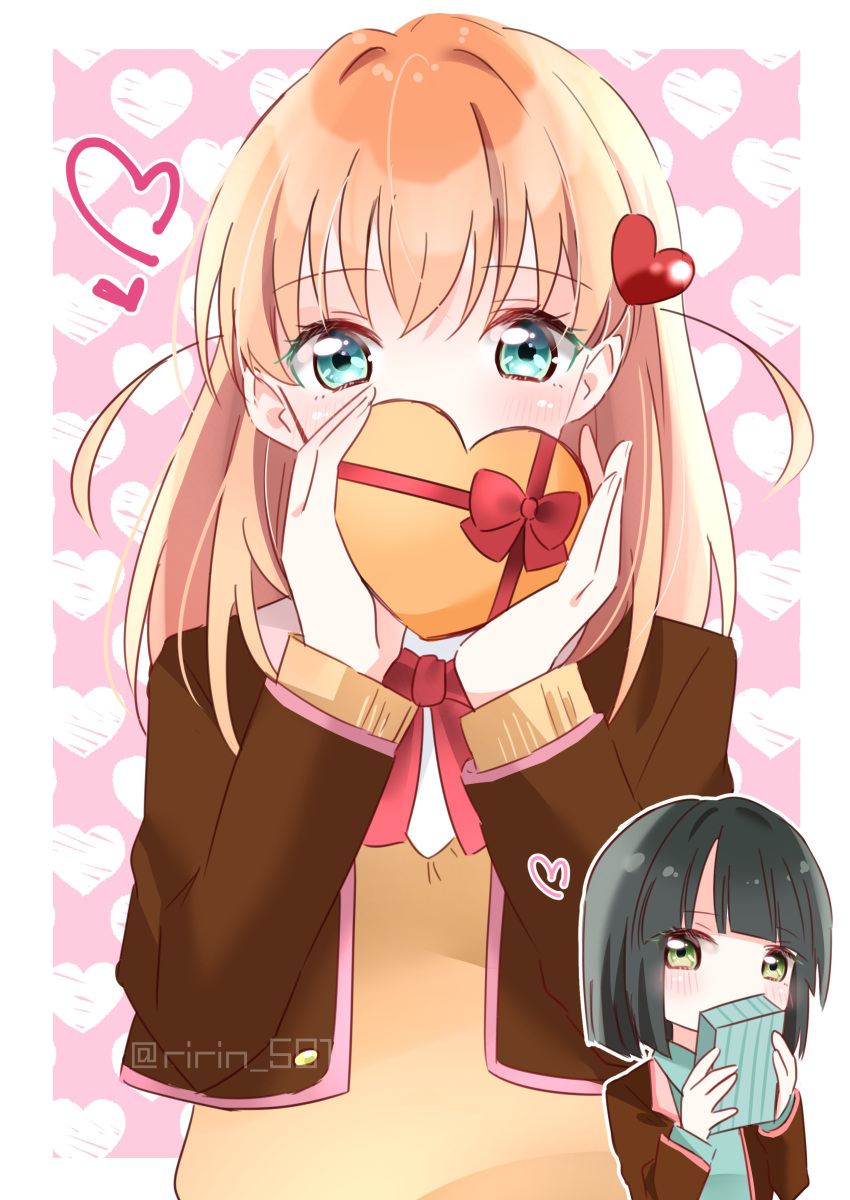 2girls, absurdres, aqua_eyes, aqua_shirt, black_hair, blazer, blunt_bangs, blunt_ends