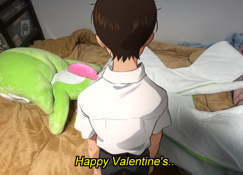 1boy, bed, black_pants, brown_hair, facing_away, from_behind, highres, ikari_shinji, indoors, khyle., life-size_gardevoir_plush, neon_genesis_evangelion, pants, photo_background, shirt, shirt_tucked_in, short_hair, standing, white_shirt