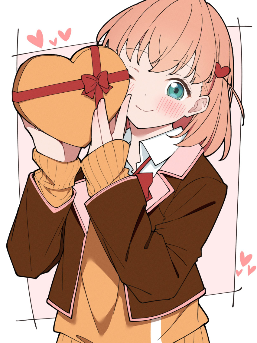 1girl, ;), aqua_eyes, blazer, blush, border, bow, bowtie
