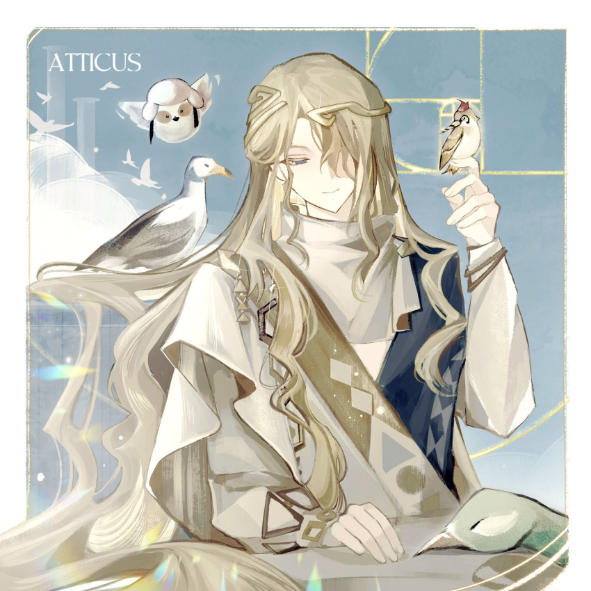 1boy, 6_(reverse:1999), ancient_greek_clothes, bird, bird_on_hand, blonde_hair, blue_background, blue_eyes