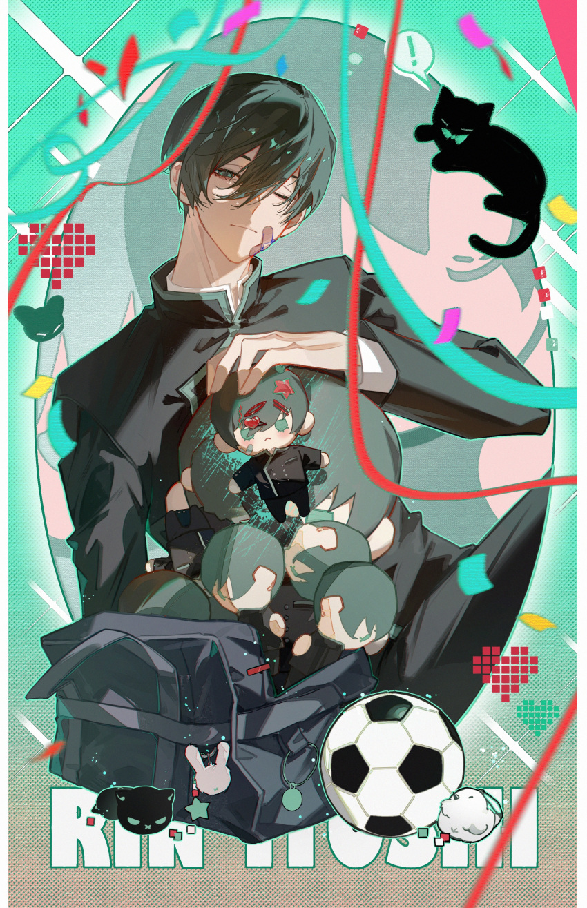 !, 1boy, ;|, absurdres, aqua_background, aqua_eyes, azha8, bag, bag_charm, ball, bandaid, bandaid_on_cheek, bandaid_on_face, bird, black_cat, black_hair, black_jacket, black_pants, blue_lock, cat, character_doll, character_name, charm_(object), chinese_commentary, closed_mouth, confetti, cowboy_shot, doll, double-parted_bangs, expressionless, gakuran, hair_between_eyes, head_tilt, heart, highres, holding, holding_doll, itoshi_rin, jacket, long_bangs, long_sleeves, looking_at_viewer, male_focus, one_eye_closed, pants, pixel_heart, school_bag, school_uniform, short_hair, sitting, soccer_ball, solo, sparkle, spoken_exclamation_mark, streamers
