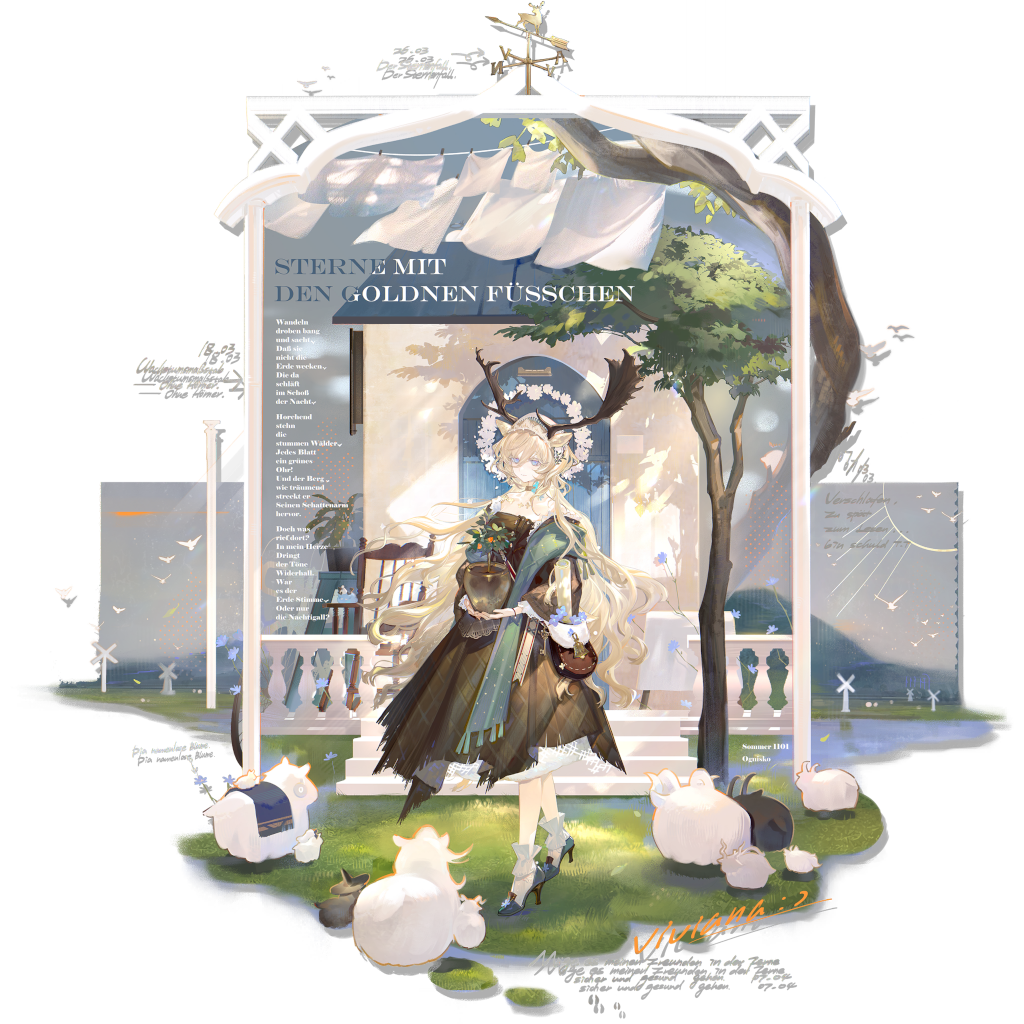 animal_ears, antlers, arknights, character_name, chuzenji, clothesline, deer_ears, deer_girl, dress, flower_pot, german_text, holding, holding_flower_pot, horns, official_art, transparent_background, viviana_(sent_from:_ognisko)_(arknights), white_hair, windmill