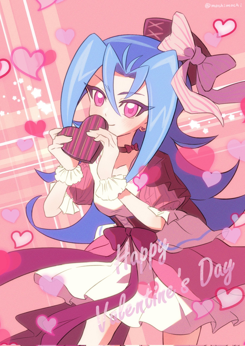 1girl, blue_hair, box, collarbone, cowboy_shot, dress, english_text, gift, happy_valentine, heart-shaped_box, highres, holding, holding_gift, kamishiro_rio, long_hair, mochimochi_sei, pink_background, simple_background, solo, valentine, violet_eyes, white_dress, yu-gi-oh!, yu-gi-oh!_zexal