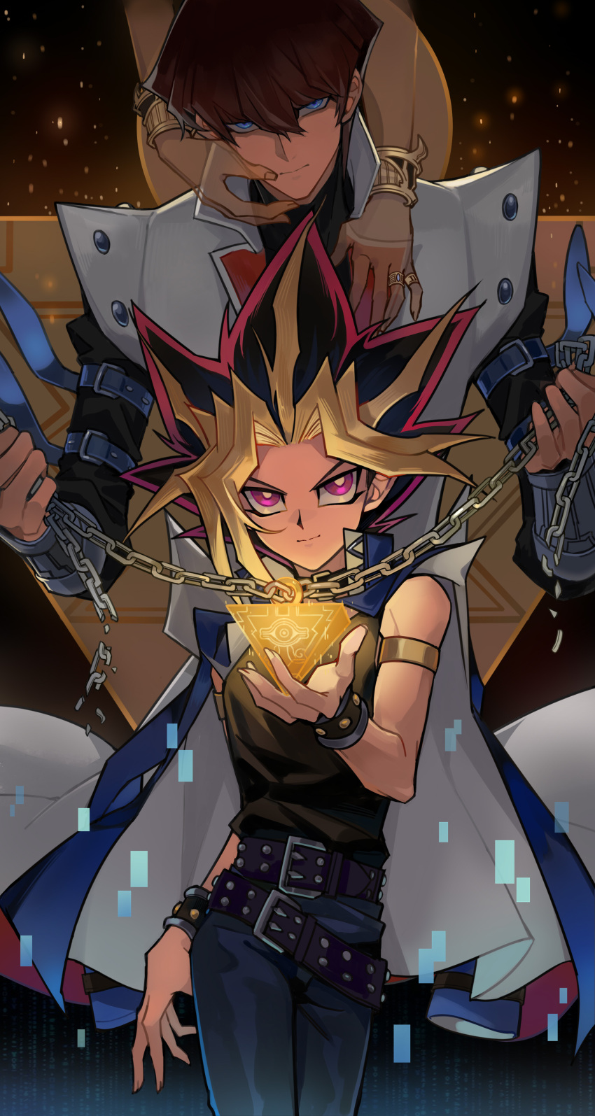 2boys, absurdres, alternate_form, arm_cuffs, arm_strap, bare_shoulders, behind_another, belt