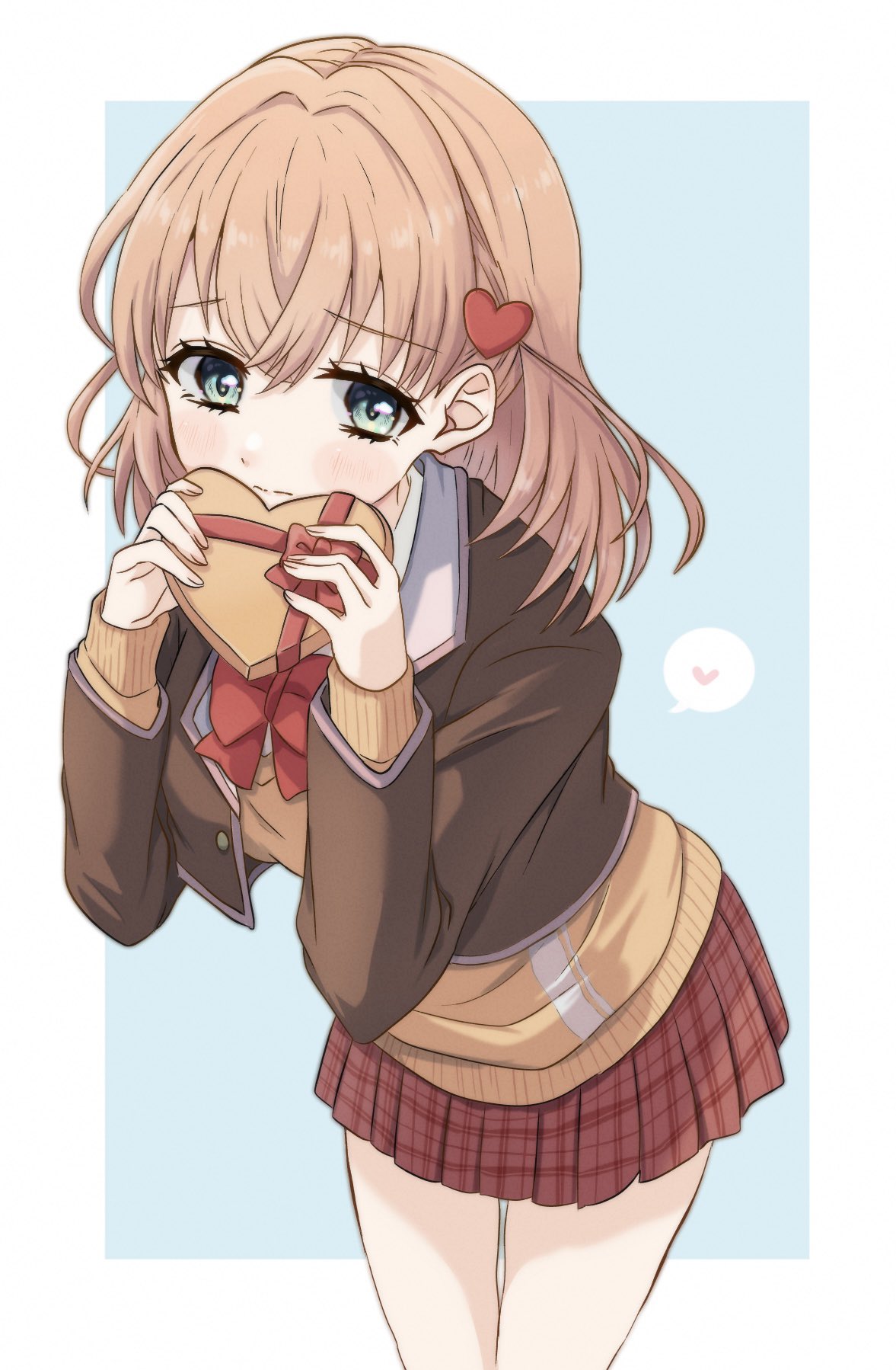 1girl, aqua_eyes, blazer, blue_background, blush, border, bow, bowtie, box, brown_jacket, closed_mouth, collared_shirt, commentary, cowboy_shot, crossed_bangs, dress_shirt, gift, hair_ornament, heart, heart-shaped_box, heart_hair_ornament, highres, hinoshita_kaho, hinoshita_kaho_(present), holding, holding_gift, jacket, leaning_forward, light_frown, link!_like!_love_live!, love_live!, medium_hair, miniskirt, natsu_(natsukikenken), open_clothes, open_jacket, orange_hair, orange_sweater, outside_border, plaid_clothes, plaid_skirt, pleated_skirt, red_bow, red_bowtie, red_skirt, shirt, simple_background, skirt, sleeves_past_wrists, solo, split_mouth, sweater, two_side_up, virtual_youtuber, white_border, white_shirt