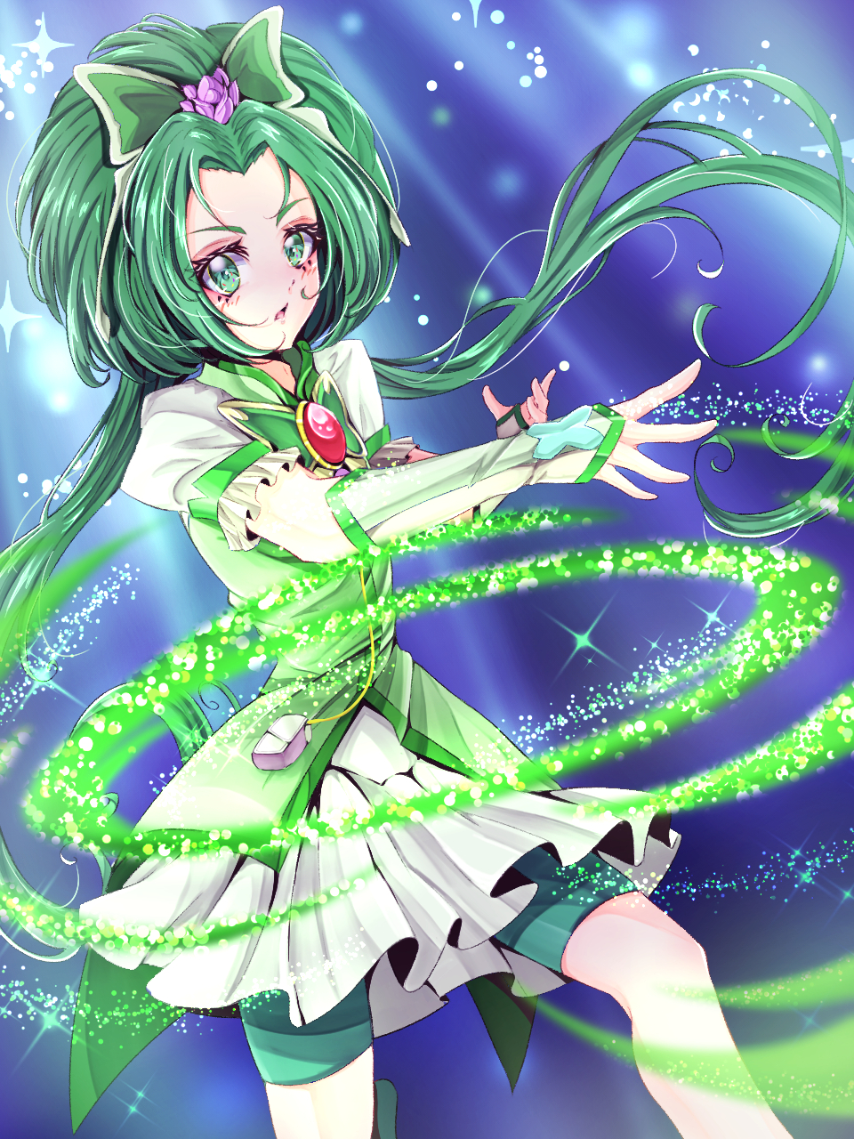 1girl, akimoto_komachi, bike_shorts, blush, butterfly_brooch, butterfly_hair_ornament, commentary, cure_mint