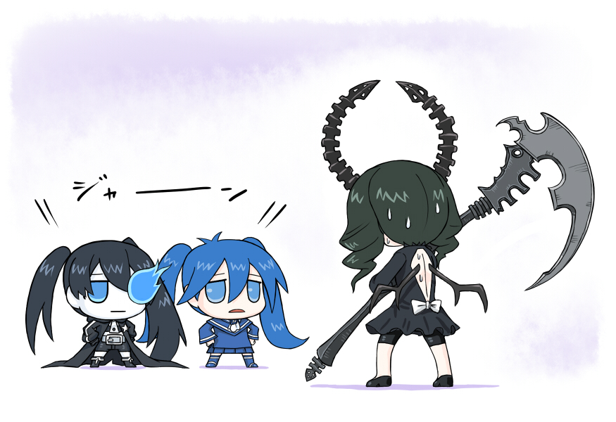 baragon, black_rock_shooter, black_rock_shooter_(character), blue_eyes, blue_hair, chibi, dead_master, imaichi_moenai_ko, kobe_shinbun, long_hair, multiple_girls, scythe, twintails