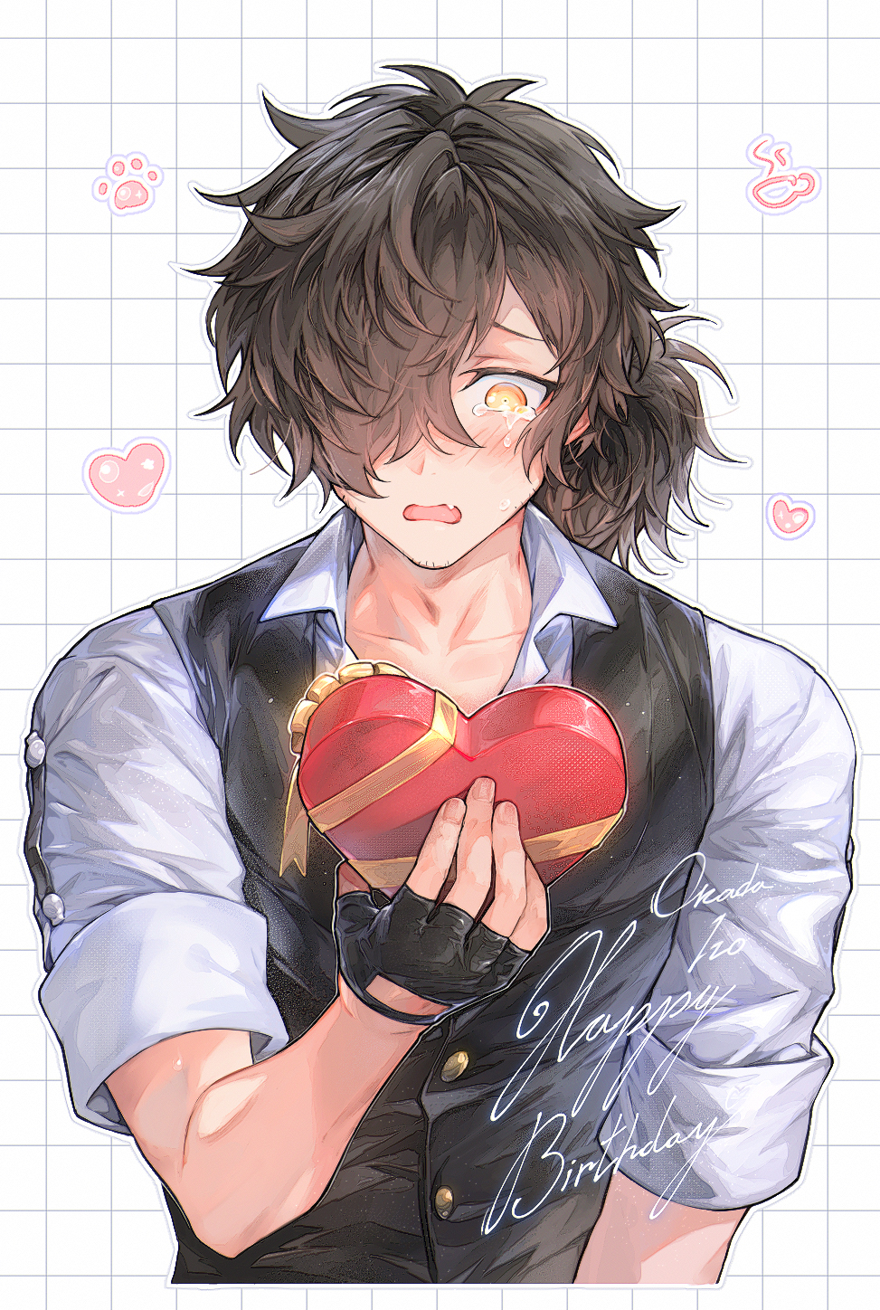 1boy, beard_stubble, black_gloves, black_hair, black_vest, box, collarbone, cropped_torso