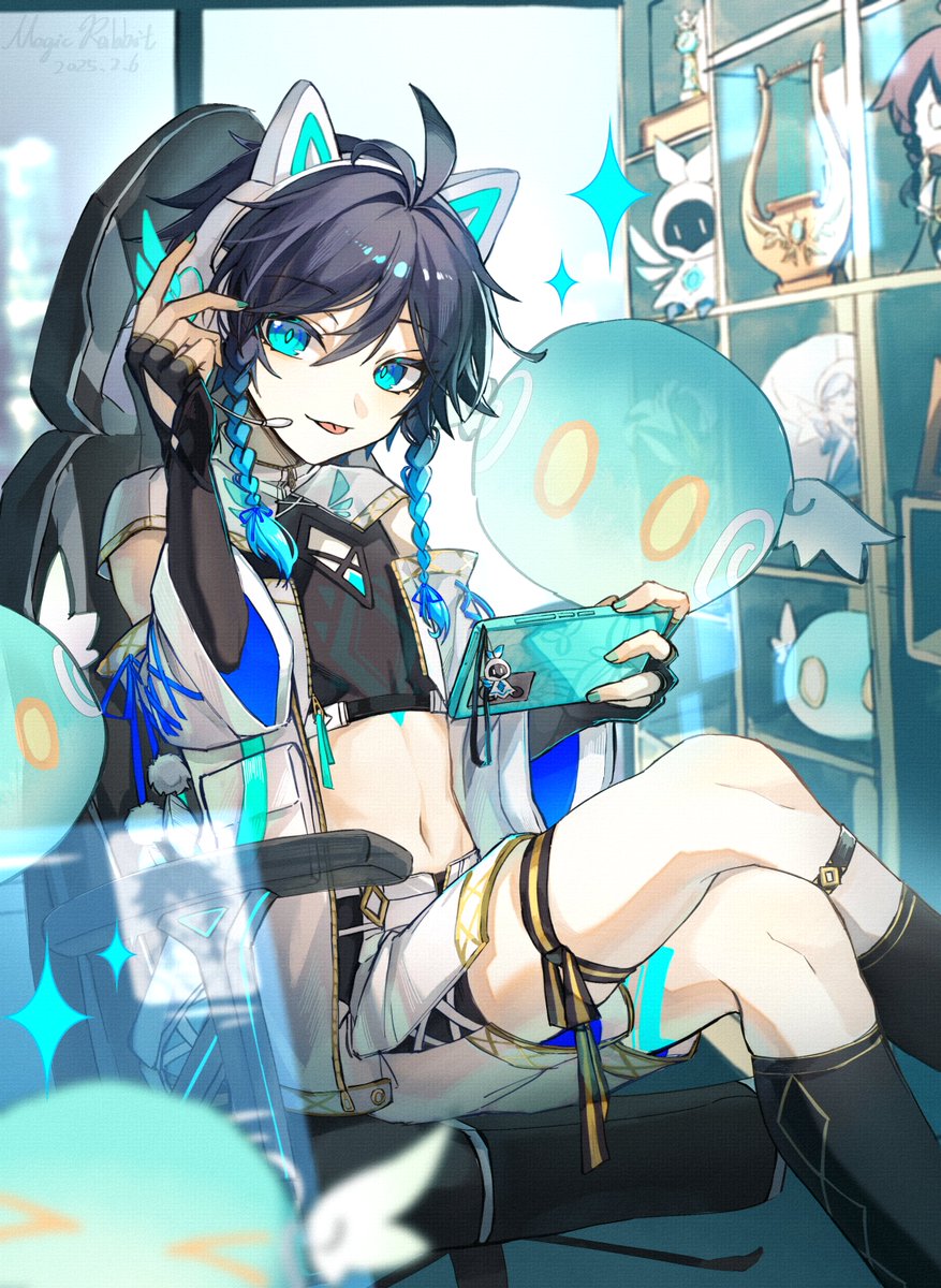 1boy, :p, belly, bishounen, black_gloves, black_hair, blue_eyes, blue_hair