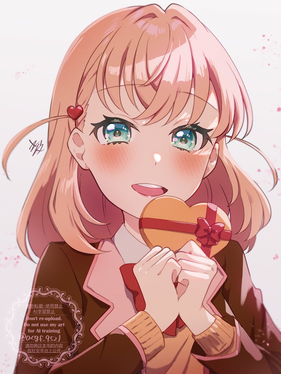 1girl, aqua_eyes, blazer, blush, bow, bowtie, box, brown_jacket