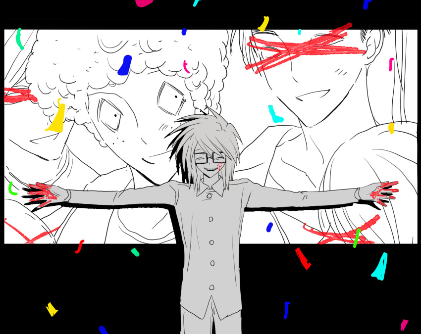 3boys, 3others, blood, blood_on_face, blood_on_hands, censored, censored_identity, coat, confetti, facing_viewer, glasses, highres, multiple_boys, multiple_others, outstretched_arms, randal's_friends, randal_ivory, sebastian_de_tomato_smith_chicken_legs, short_hair, spread_arms, x50n9