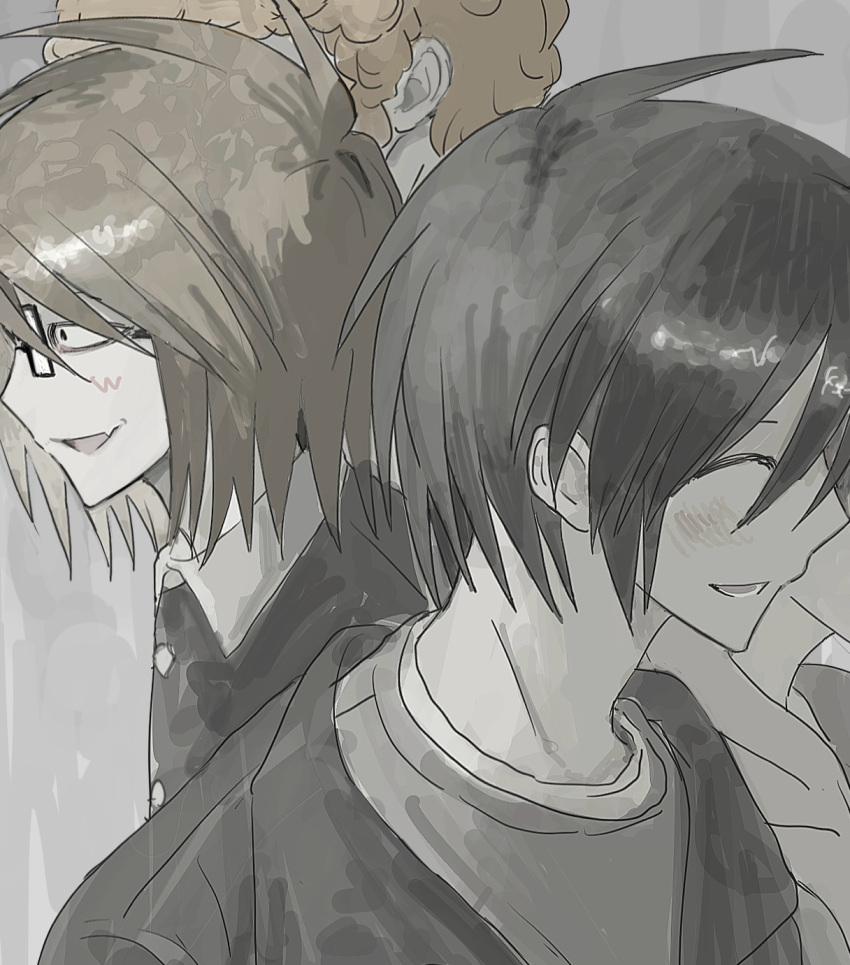3boys, black_eyes, black_hair, brown_hair, fang, gakuran, glasses, grey_background, grey_hair, highres, looking_to_the_side, male_focus, multiple_boys, portrait, randal's_friends, randal_ivory, school_uniform, sebastian_de_tomato_smith_chicken_legs, short_hair, skin_fang, tsukada_satoru, x50n9