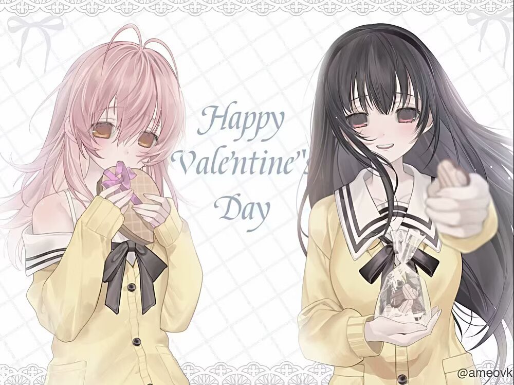 2girls, ame_(amelovelio), antenna_hair, black_hair, blush, brown_eyes, candy, cardigan