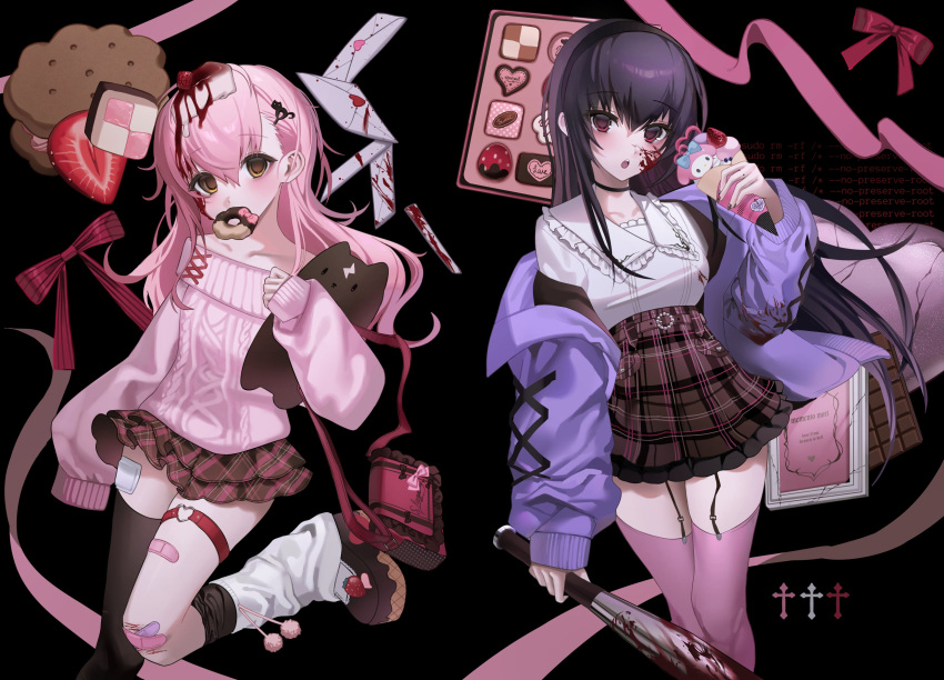 2girls, absurdres, ambiguous_red_liquid, asymmetrical_legwear, bag, bandaid, bandaid_on_leg, baseball_bat