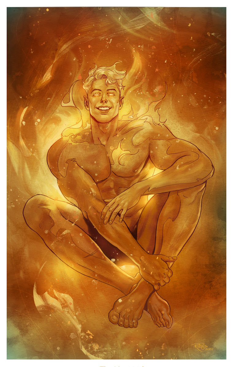 1boy, barefoot, blonde_hair, border, fantastic_four, fire, grin, highres, human_torch, johnny_storm, looking_at_viewer, male_focus, marvel, nick_robles, outside_border, short_hair, smile, solo, toned, toned_male, white_border