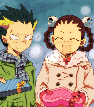 1boy, 1girl, bell, blue_background, blue_hair, blue_scarf, box, breath