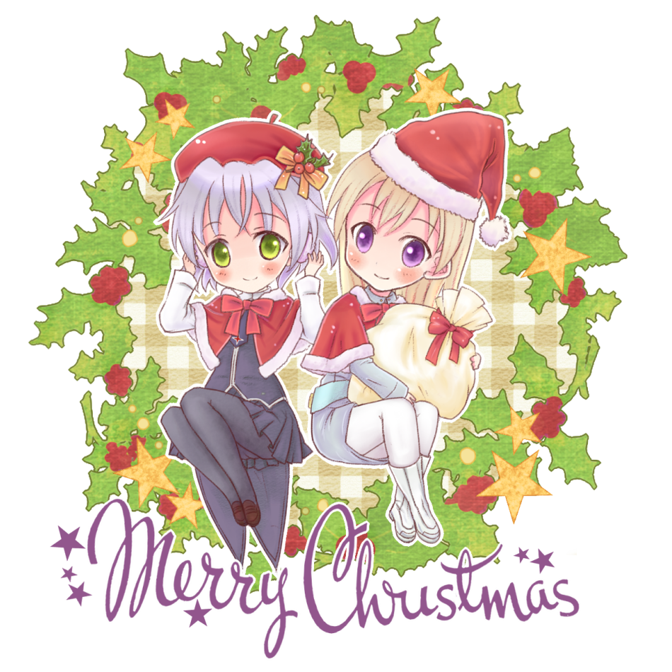 black_legwear, black_pantyhose, blonde_hair, blue_eyes, blush, christmas, eila_ilmatar_juutilainen, green_eyes