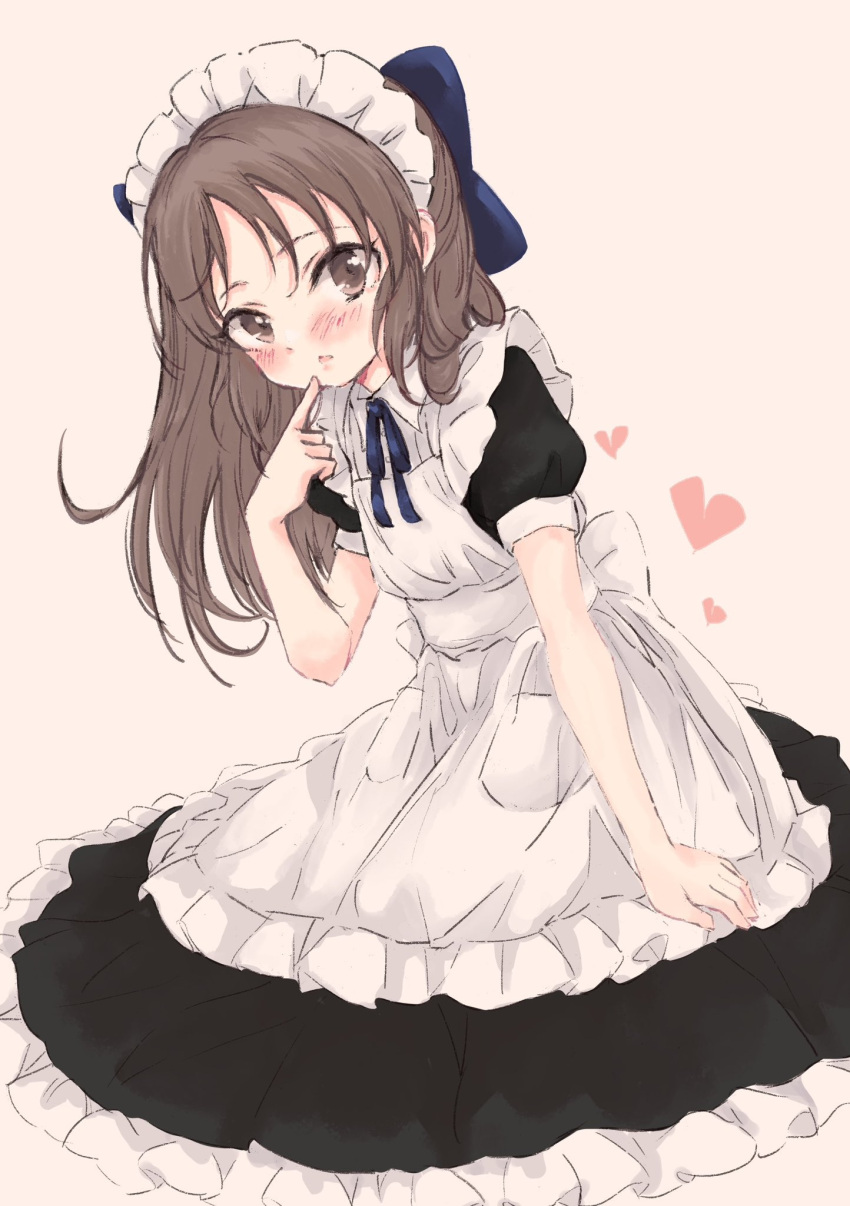 1girl, apron, black_dress, blush, bow, brown_eyes, brown_hair, dress
