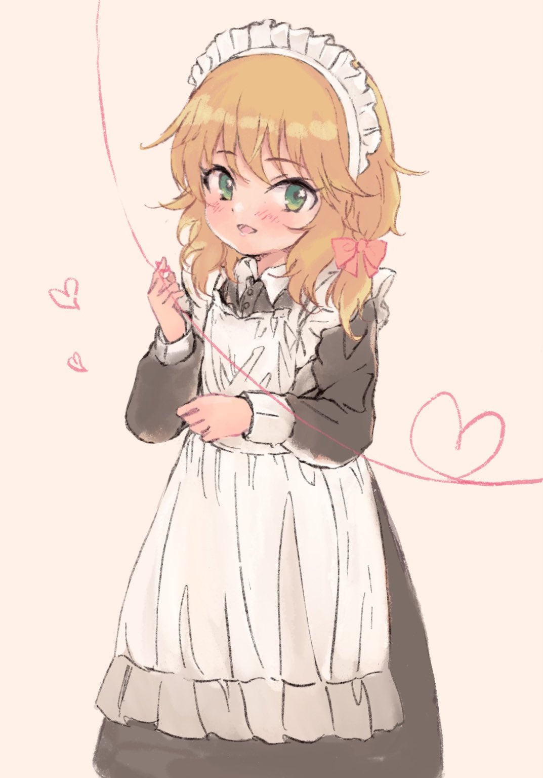 1girl, apron, blonde_hair, blush, green_eyes, heart, highres, idolmaster