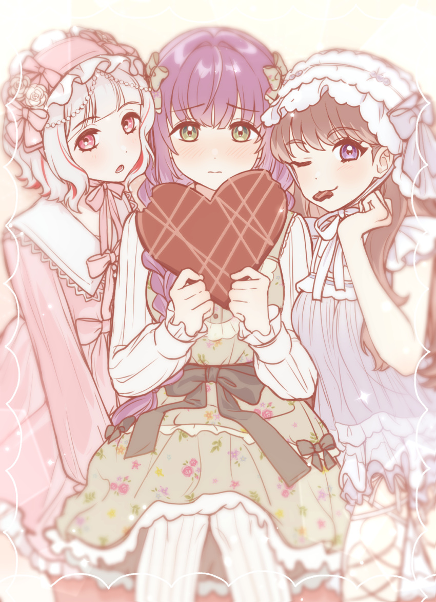 3girls, bow, braid, breasts, brown_hair, candy, chocolate, commentary