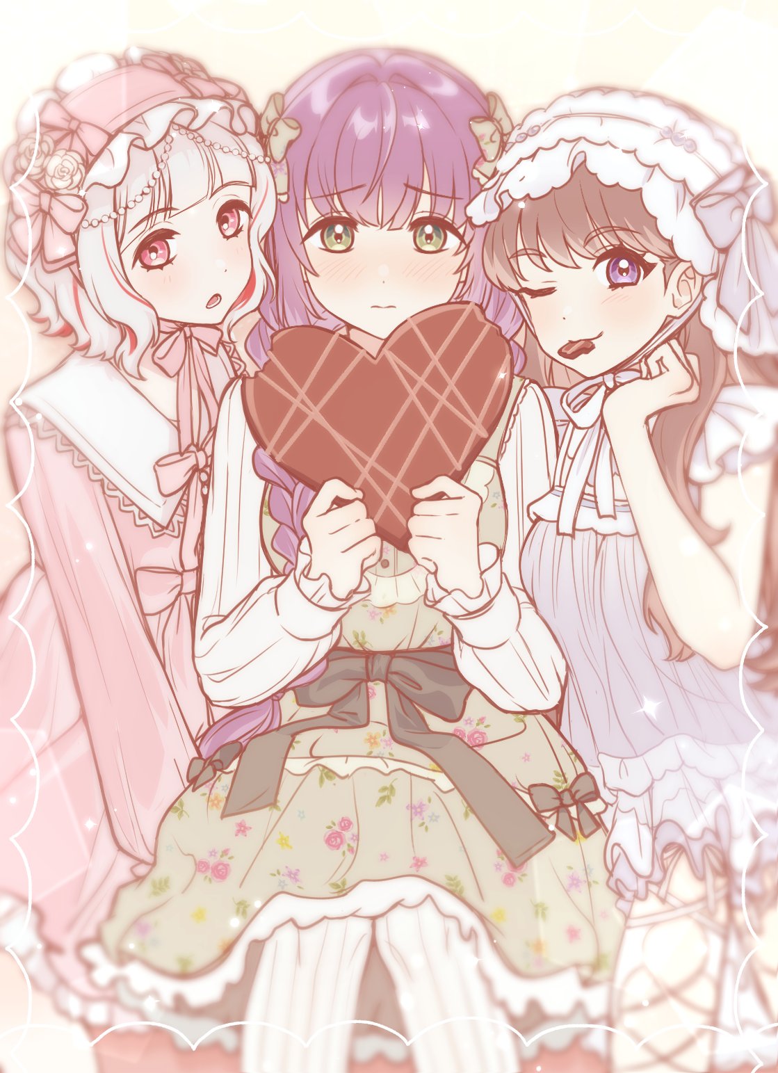 3girls, bow, braid, breasts, brown_hair, candy, chocolate, commentary