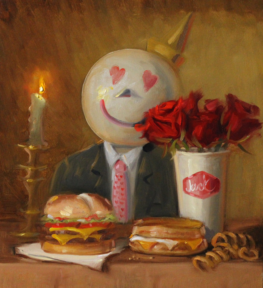 1boy, black_jacket, black_suit, bouquet, bread, burger, candle, candlestand