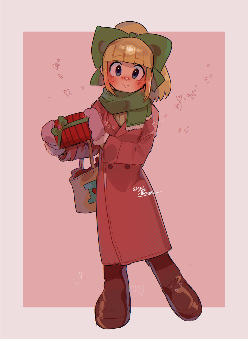 1girl, absurdres, blush, boots, border, brown_boots, coat, full_body