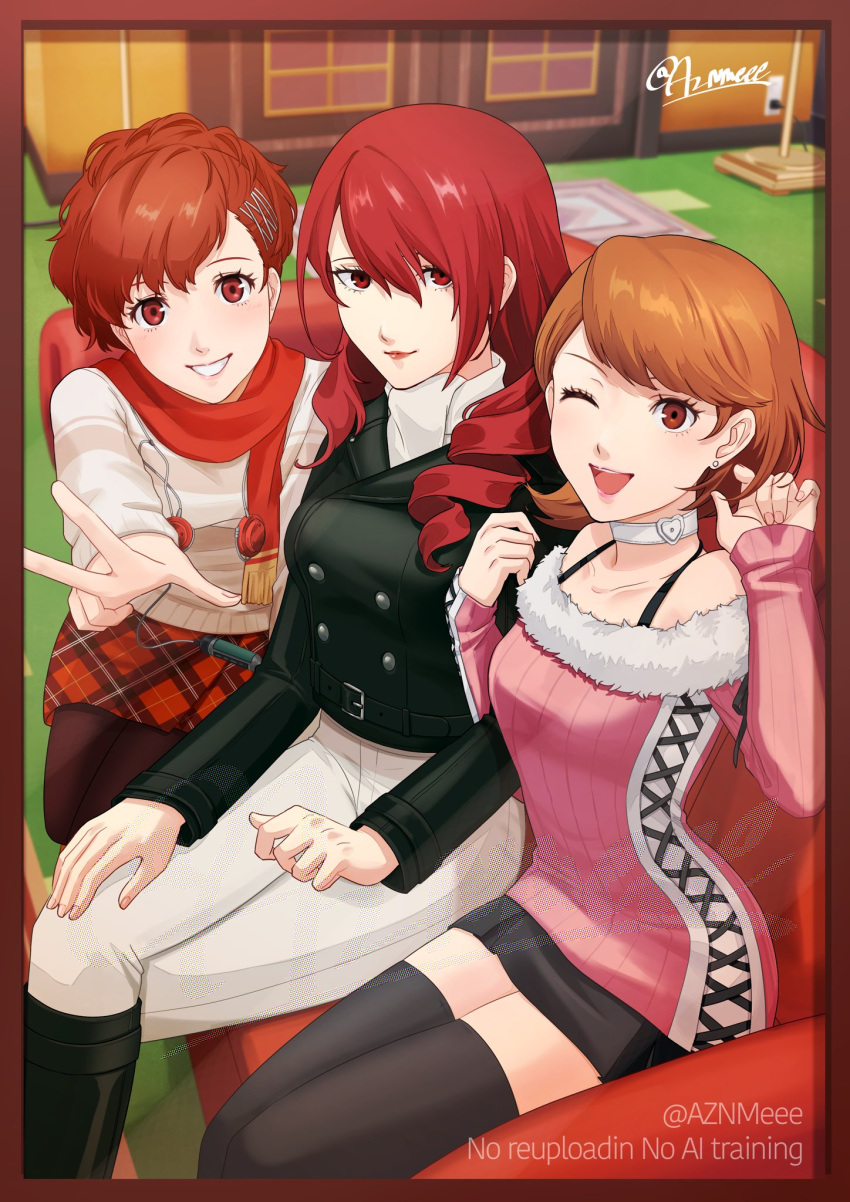 3girls, ascot, aznmeee, bare_shoulders, black_boots, black_jacket, black_skirt, black_thighhighs, breasts, brown_eyes, brown_hair, choker, closed_mouth, collarbone, commentary_request, couch, cross-laced_sweater, crossed_legs, earrings, feet_out_of_frame, fur-trimmed_sweater, fur_trim, hair_between_eyes, hair_ornament, hairclip, halterneck, heart, heart_choker, highres, indoors, jacket, jewelry, kirijou_mitsuru, light_blush, locked_arms, long_hair, long_sleeves, looking_at_viewer, medium_breasts, miniskirt, multiple_girls, off-shoulder_sweater, off_shoulder, official_alternate_costume, on_couch, one_eye_closed, open_mouth, pants, parted_lips, persona, persona_3, persona_3_portable, pink_sweater, red_eyes, red_hair, red_scarf, ribbed_sweater, scarf, shiomi_kotone, short_hair, sitting, skirt, smile, stud_earrings, sweater, takeba_yukari, thigh-highs, twitter_username, v, white_ascot, white_choker, white_pants, winter_clothes, zettai_ryouiki
